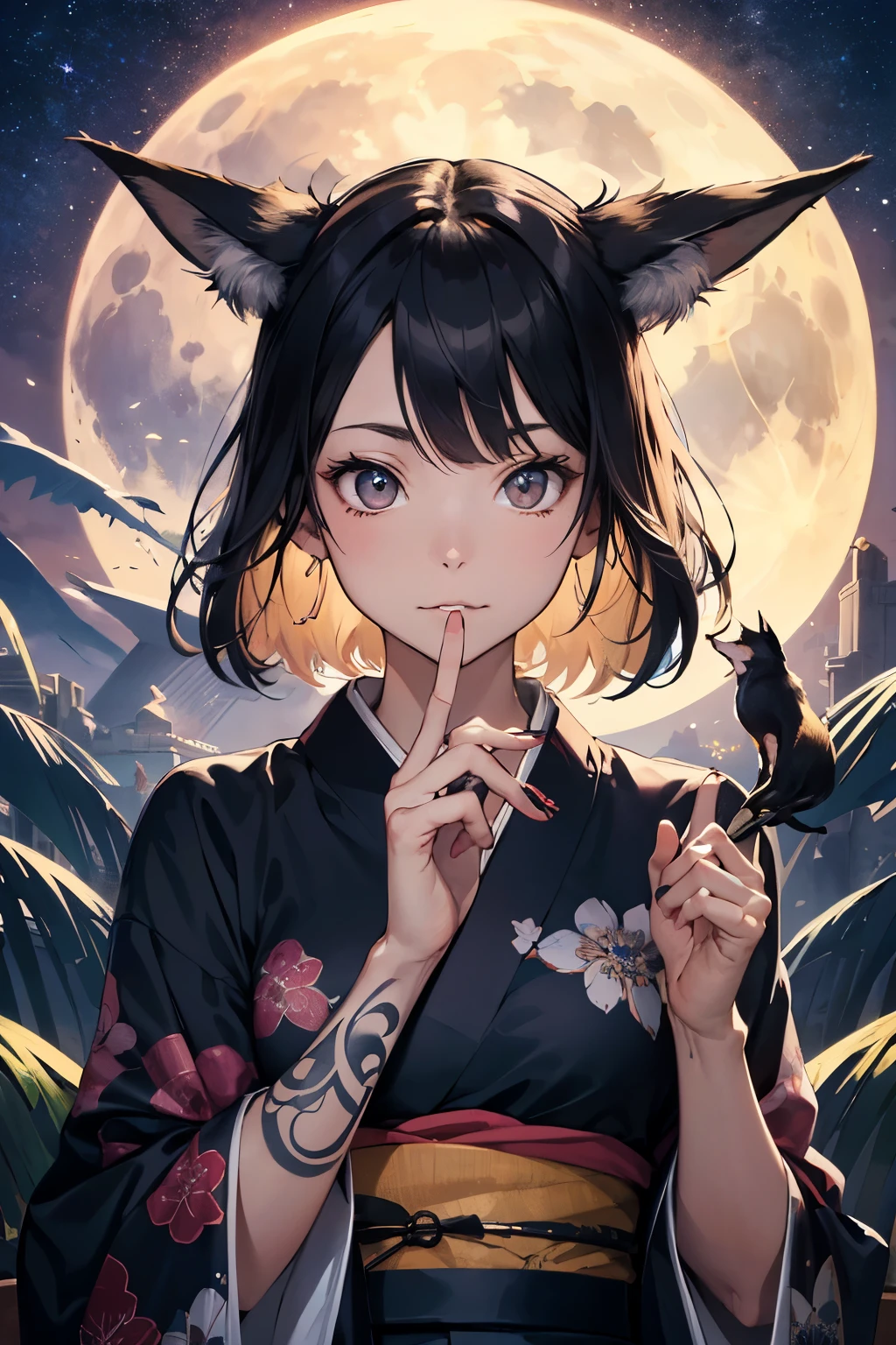 ((Best Quality)), ((masutepiece)), (１６k), Perfect face、perfect bodies、A sexy、perfect hand、Beastman、fox、２０age、girl with、kimono、Modern style、fullmoon、loiter、Ephemeral face、Beautiful face、tattoo、