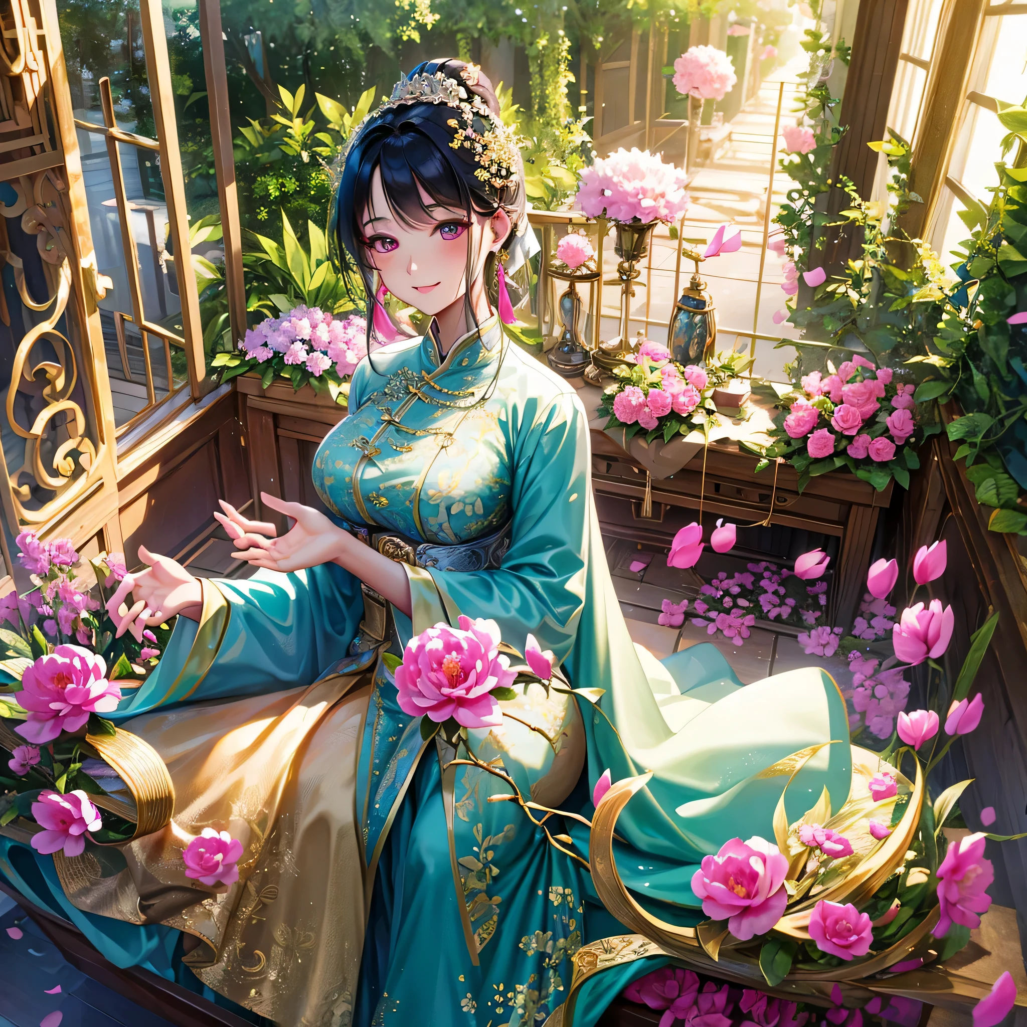 Woman wearing classic luxury silk dress，Like the peonies blooming in the hall of the Marquis Mansion。Her face，Jade is smooth and clean，beautiful facial features，The eyes sparkle like stars，There is solemnity and grace in the smile。She has become a beautiful scenery in the mansion，Just like the woman in the painting，Big breasts are beautiful、noble and admirable。