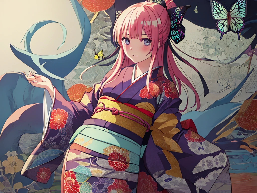 {Best Quality}, {very aesthetic}, {Ultra-detailed}, {Best Illustration}, one girl, japanese kimono, Kimono with butterfly pattern