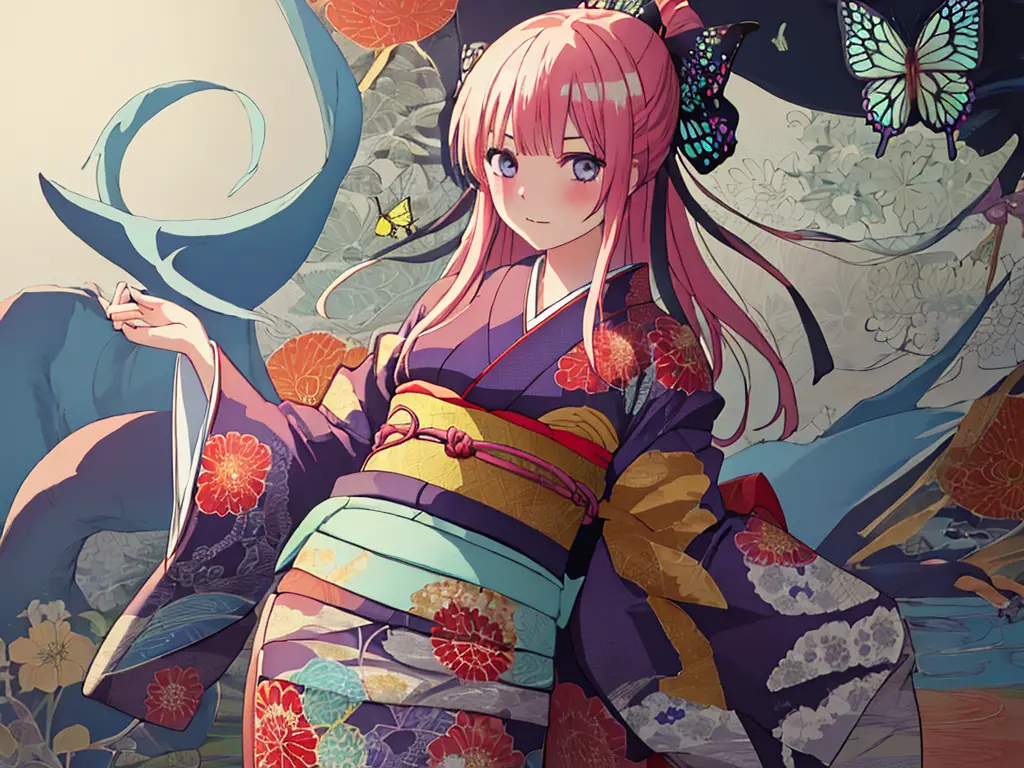 {best quality}, {very aesthetic}, {ultra-detailed}, {best illustration}, one girl, japanese kimono, kimono with butterfly patter...