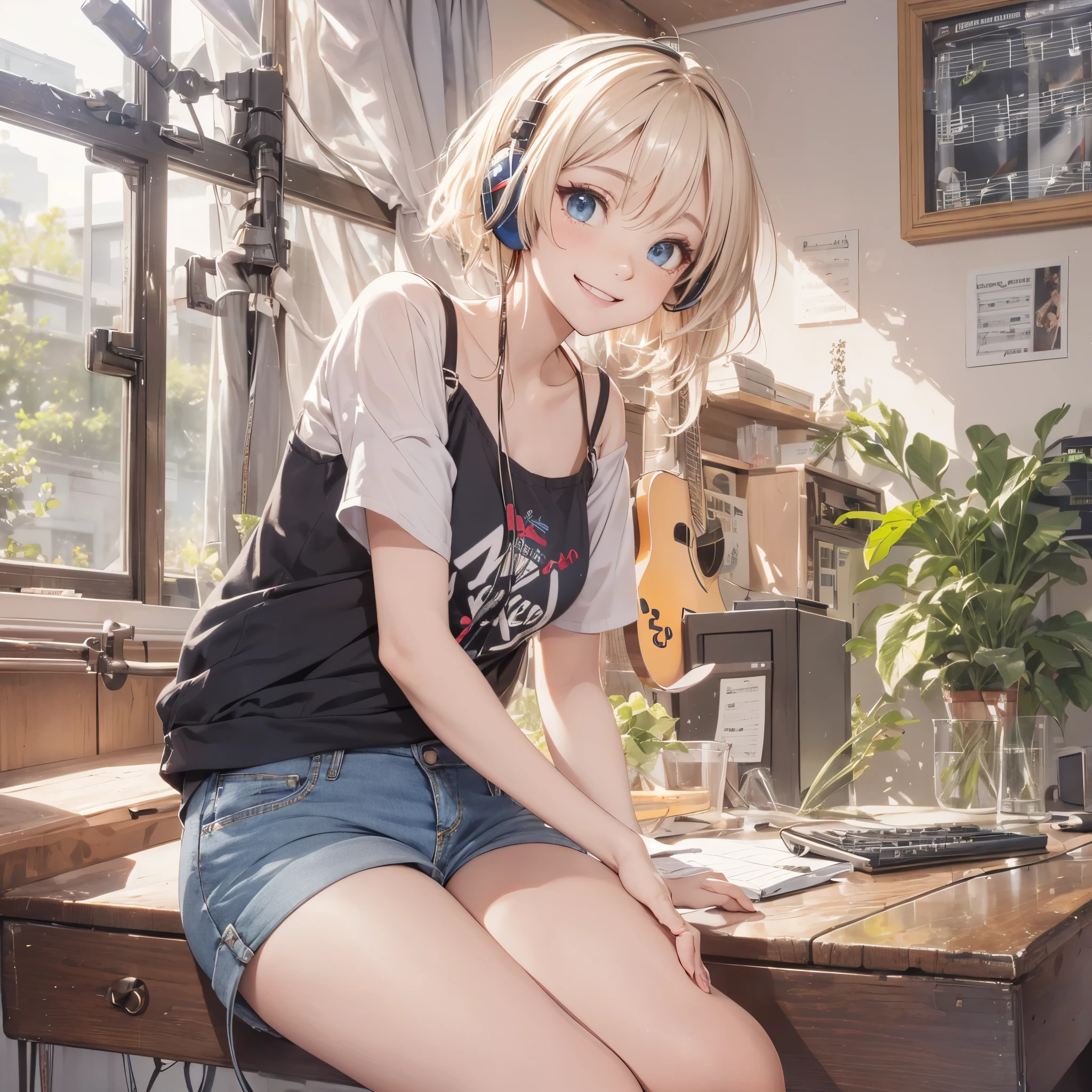 absurderes,(Solo 1.1),ultra-detailliert,bright colour,extremely beautiful detailed anime face and eyes,Short hair,Asymmetrical bangs and short twintails),Shiny hair,Put on headphones,(Lots of audio equipment),Guitar,There is a large piano in the room,(There are many sheet music on the floor:1.3),delicate and beautiful face,red blush,(Deep Blue Eyes:1.2), (Happy smile:1.4),(Short denim pants:1.3),Shiny hair,(Naughty smile),(Bright sunshine),(glint),You can see the blue sky from the window,