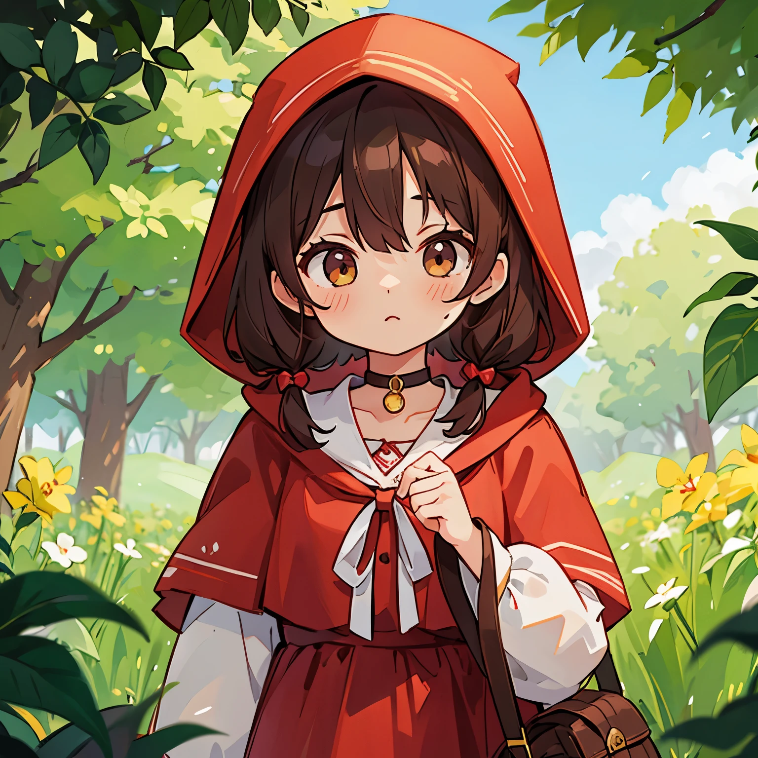 Anime girl in red hoodie with a brown bag in a forest - SeaArt AI