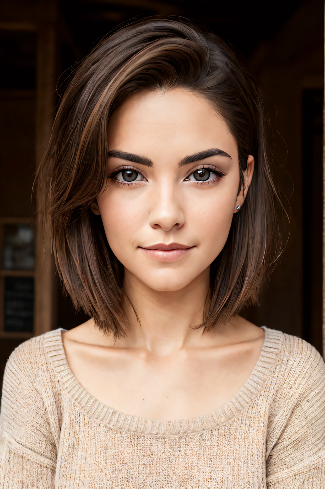 Woman with short brown hair and a sweater, face symmetrical , young and adorable, Latin face features, short brown hair and large eyes, Beautiful young, Soft portrait shot 8K, female portrait, Beautiful face , cute girl