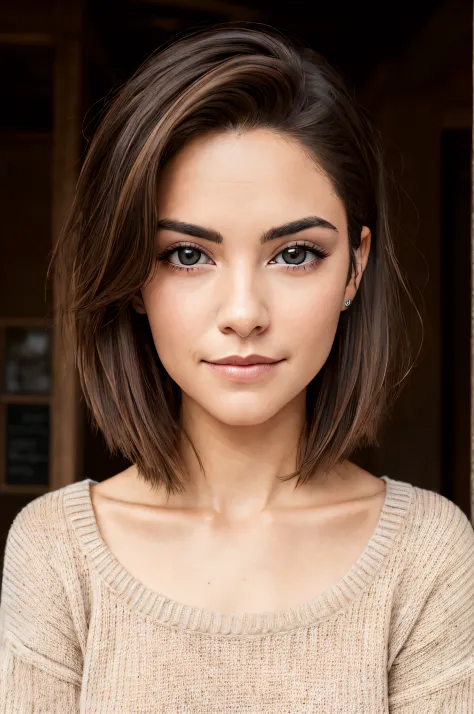 Woman with short brown hair and a sweater, face symmetrical , Joven y adorable, Rasgos de la cara latina, short brown hair and l...