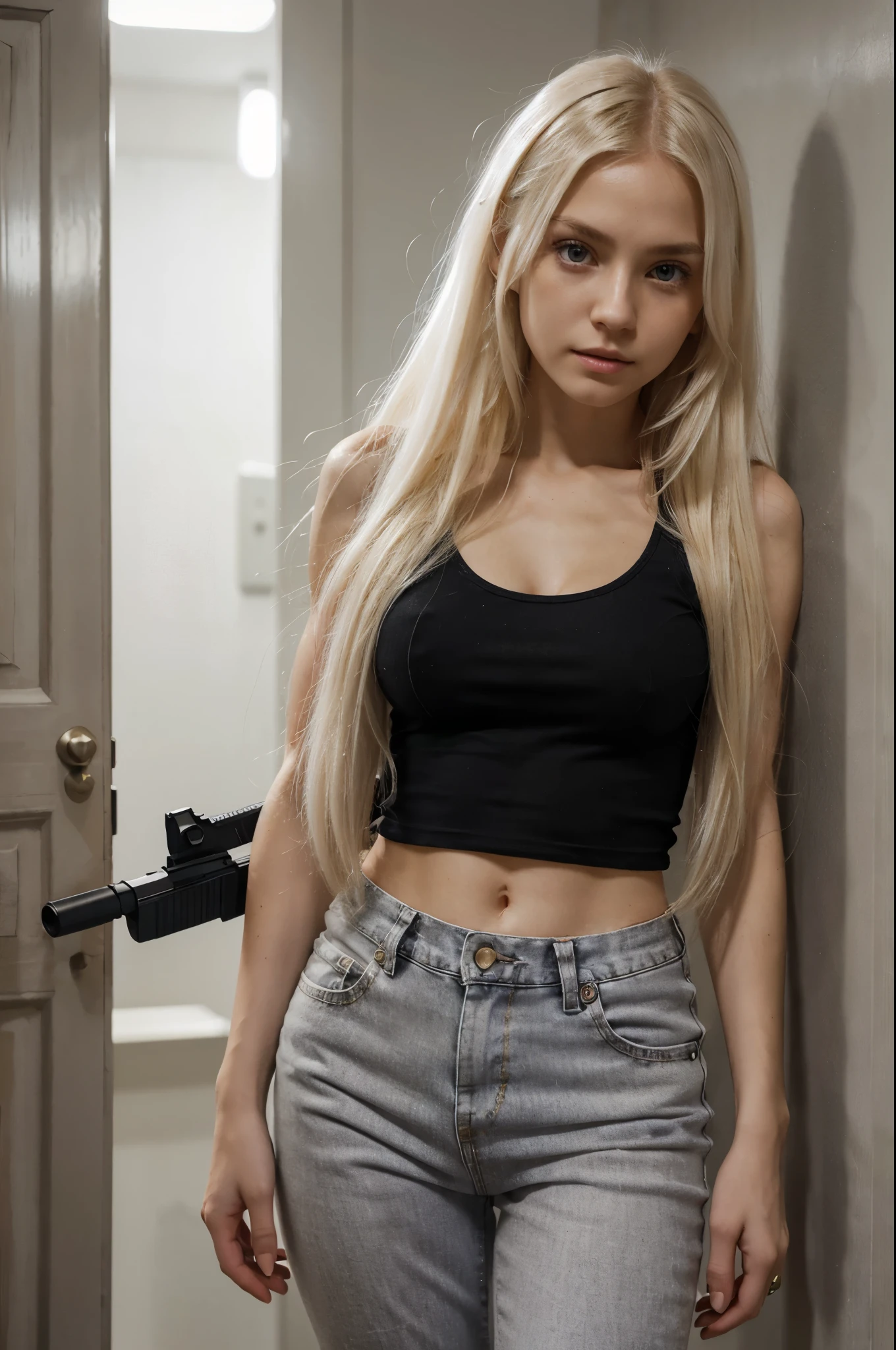 Blonde woman with gun in black top and jeans standing in hallway - SeaArt AI