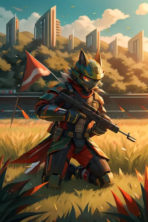 灰色grassy fields狼，grassy fields，assault，body protective gear，red flags