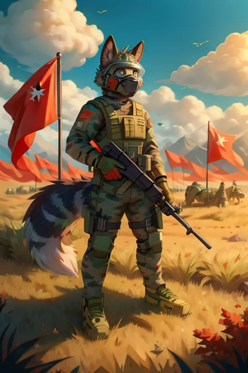 aardwolf，grassy fields，assault，body protective equipment，red flags，soviet