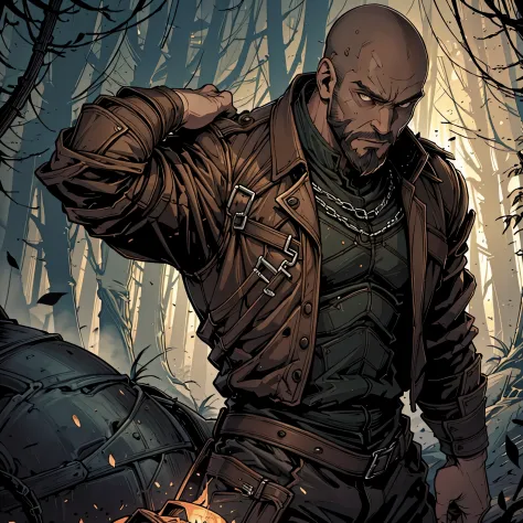 30 year old man, he is bald, with a brown beard, brown eyes, knight-errant, very charismatic, serious look.in a dark forest at n...