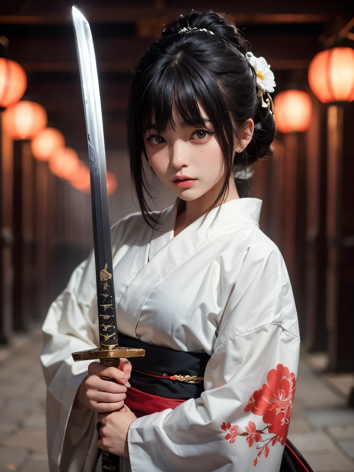 A beautiful woman with a Japanese sword. eighteen. Black hair. Her bangs are down. Beautiful double eyes. The bridge of my nose. Well-shaped lips. Super beautiful. A masterpiece.