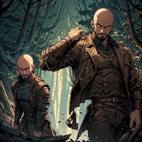 30 year old man, he is bald, with a brown beard, brown eyes, knight-errant, very charismatic, serious look.in a dark forest at n...