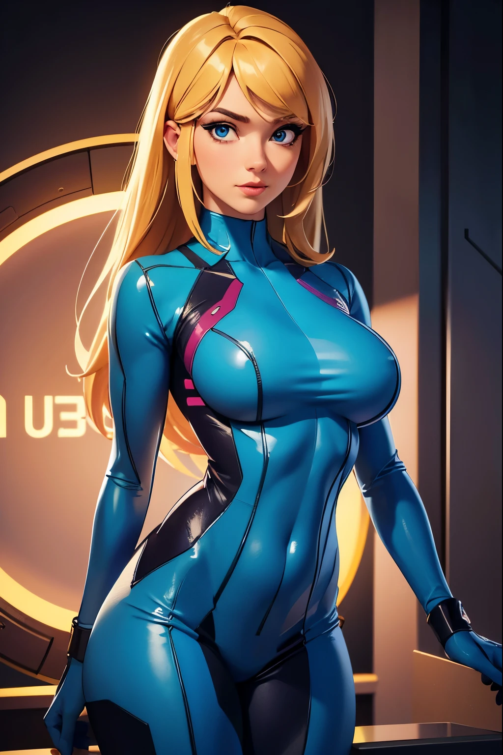 (best quality, highres, ultra-detailed, realistic:1.37), Samus Aran, beautiful detailed eyes, beautiful detailed lips, extremely detailed face, long eyelashes, perfect waist, stunning face, thick thighs, looking at the viewer, sci-fi, digital art, futuristic coloring, vibrant lighting