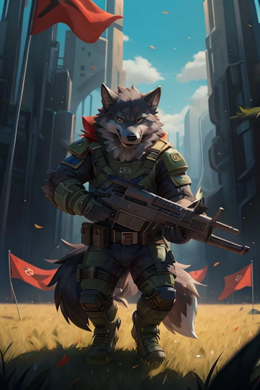 dark gray wolf，grassy fields，assault，body protective equipment，red flags，