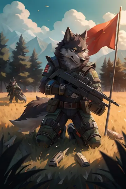 dark gray wolf，grassy fields，assault，body protective equipment，red flags，