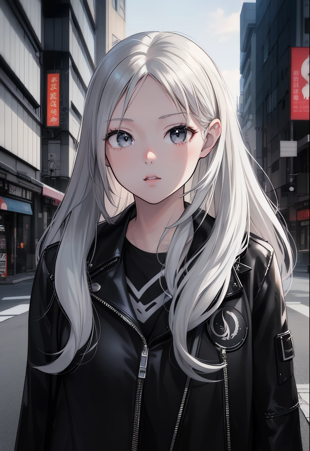 Blonde Frau mit langen grauen Haaren und schwarzer Lederjacke, realistischer Anime-3D-Stil, Mädchen mit grauen Haaren, realistischer Anime-Stil, Perfektes weißhaariges Mädchen, Mädchen mit silbernen Haaren, Anime-Stil. 8K, artwork in the style of guweiz, hyperrealistischer Anime, Mädchen mit silbernen Haaren, Anime-Realismus-Stil, Anime-Mädchen im wirklichen Leben, fotorealistischer Anime