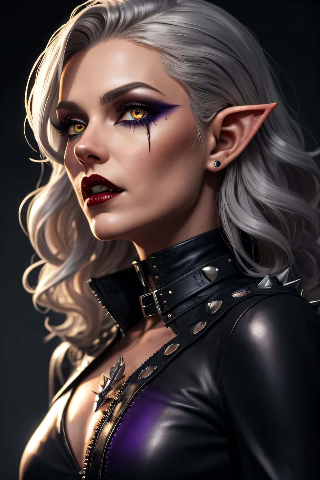 Bel elfe vampire, yeux violets et cheveux argentés ondulés et ébouriffés. collier noir avec des pointes sur le cou, dans un costume de voleur en cuir, style sombre et cool, fantaisie + Semi-réalisme., style d&#39;horreur, Hyper-détaillant. portraits d&#39;un