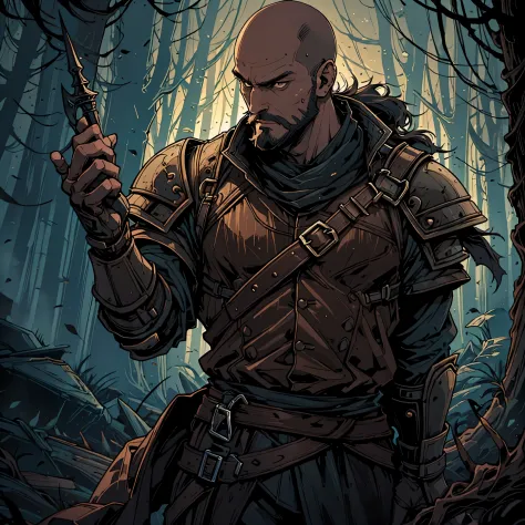 30 year old man, he is bald, with a brown beard, brown eyes, he is a knight-errant, very charismatic, serious look. Alone in a d...