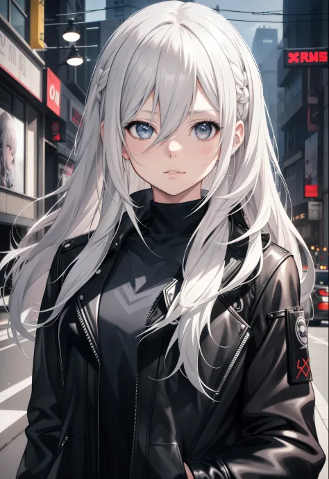 Blonde woman with long gray hair and black leather jacket, realistic anime 3 d style, Girl with gray hair, realistic anime style...