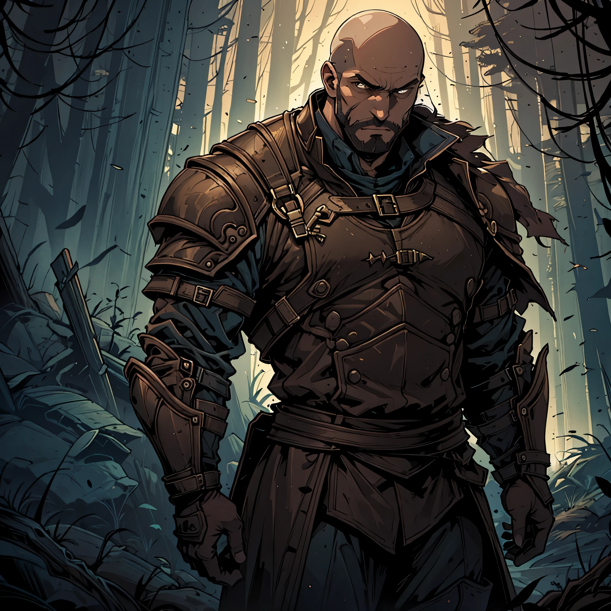 30 year old man, he is bald, with a brown beard, brown eyes, he is a knight-errant, very charismatic, serious look. Alone in a dark forest at night