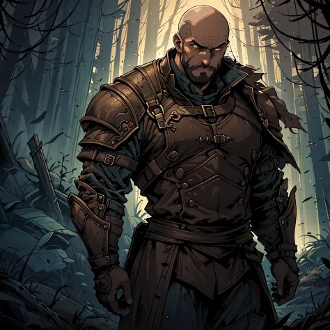 30 year old man, he is bald, with a brown beard, brown eyes, he is a knight-errant, very charismatic, serious look. Alone in a d...