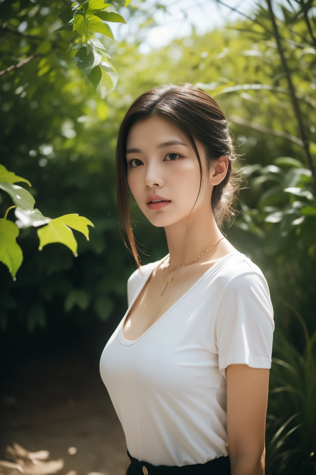 asian lady wear wet wide neck T-shirt,wet, rain, wide neck, black strap, necklace, small breast, rounded shape breast,  ((she)), ((mid-shot, full body, slender waist)), Hair Up Do、 Glowing eyes, nose blush, Carl Larsson, Alfonse Mucha, Chiaroscuro, Film Glenn, reflective light, (((mid-Shot))), waist to top,longshot show full body, masterpiece, high details, sun light on her, leaf shading, (()) ,