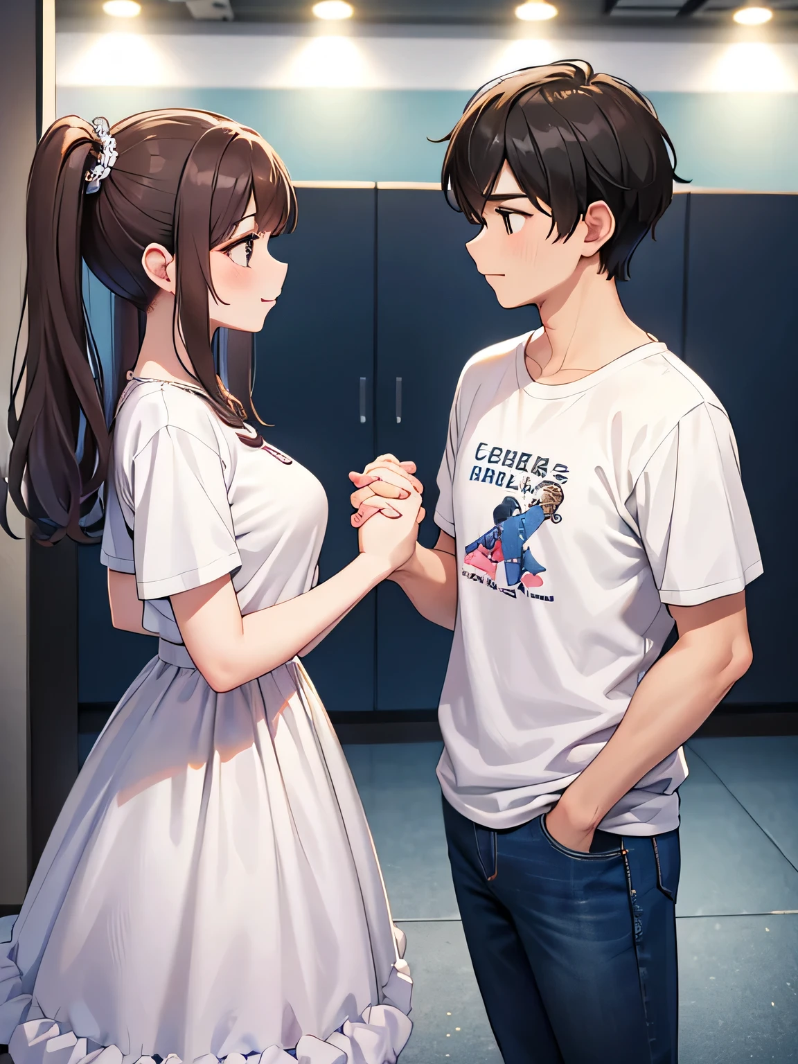 Anime couple in a bathroom with a mirror and a blue wall - SeaArt AI