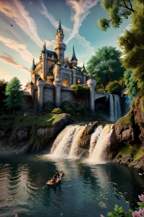 Fantastic fairytale castle, Waterfalls flow into the sea, Galaxien und Planeten im Himmel, phantasievoll, sonnig, reich, exquisi...