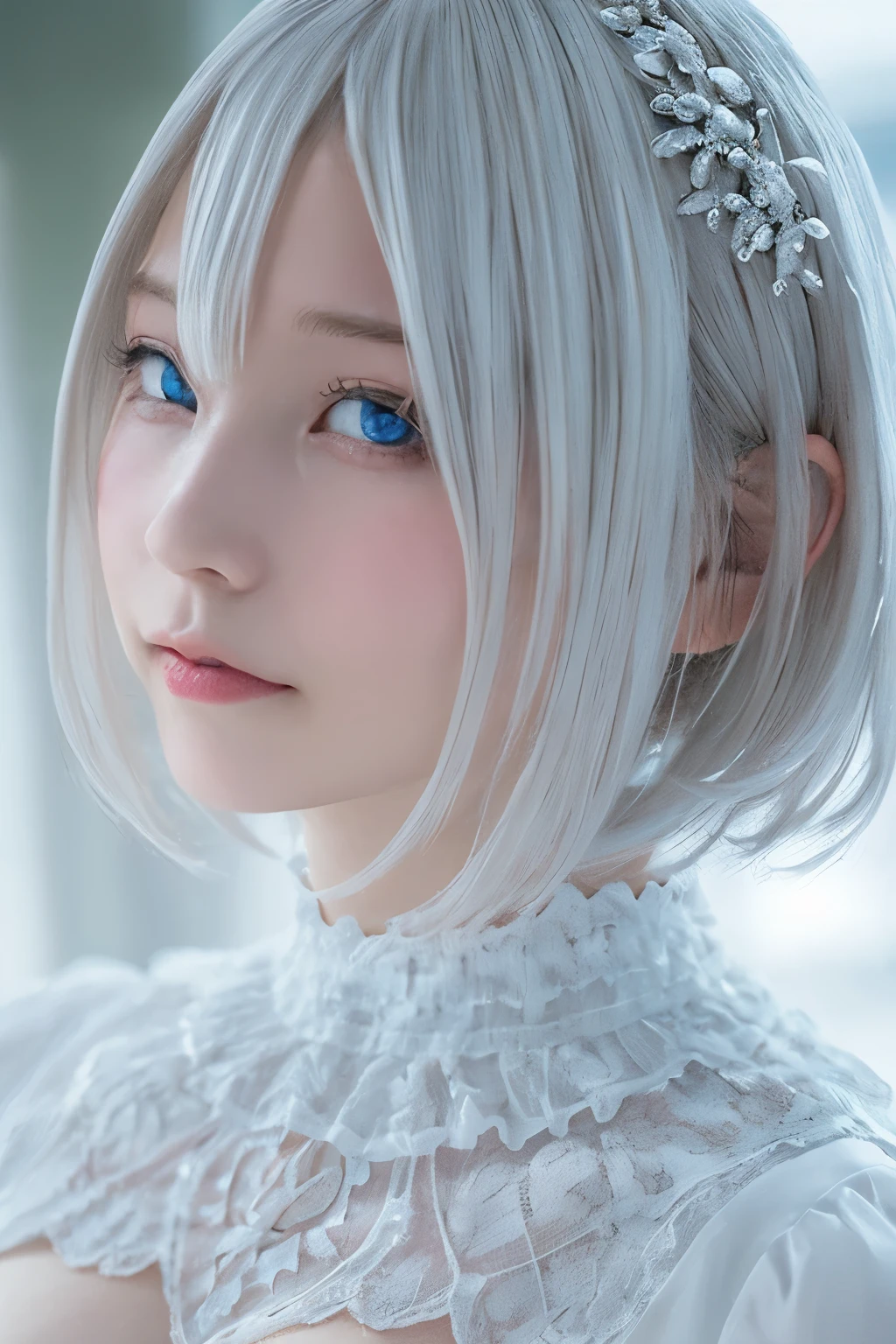 ((High quality)),masutepiece,(Detailed depiction of local details:1.2),1girl in,Blue eyes,Plump breasts,Enchanted Valley,Closed mouth,Eyelashes,Looking at Viewer,Portrait,Solo,Upper body,White hair,White theme,Short hair,Silver hair,Yorha No. 2 Type B,