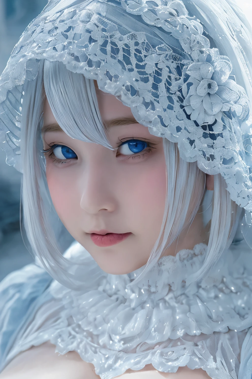 ((High quality)),masutepiece,(Detailed depiction of local details:1.2),1girl in,Blue eyes,(Plump breasts:1.3),Enchanted Valley,Closed mouth,Eyelashes,Looking at Viewer,Portrait,Solo,Upper body,White hair,White theme,Short hair,Silver hair,Yorha No. 2 Type B,