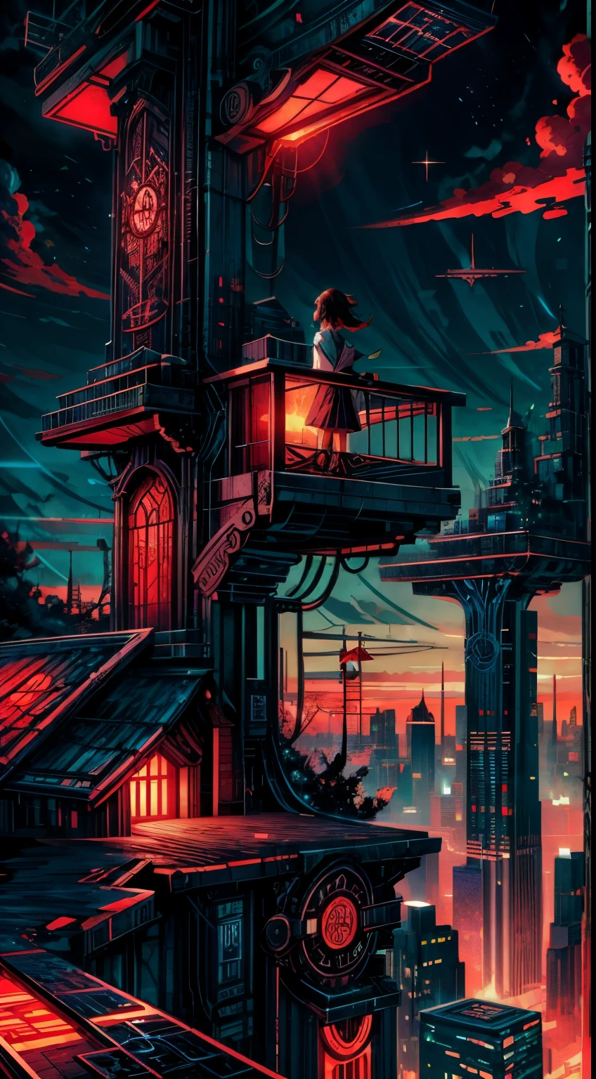 Anime girl watching big city landscape from a height,Near Future City、 makoto shinkai cyril rolando, anime art wallpaper 4k, anime art wallpaper 4k, Anime art wallpaper 8k, inspired by Cyril Rolando, in the style dan mumford artwork, amazing wallpapers, by Yuumei