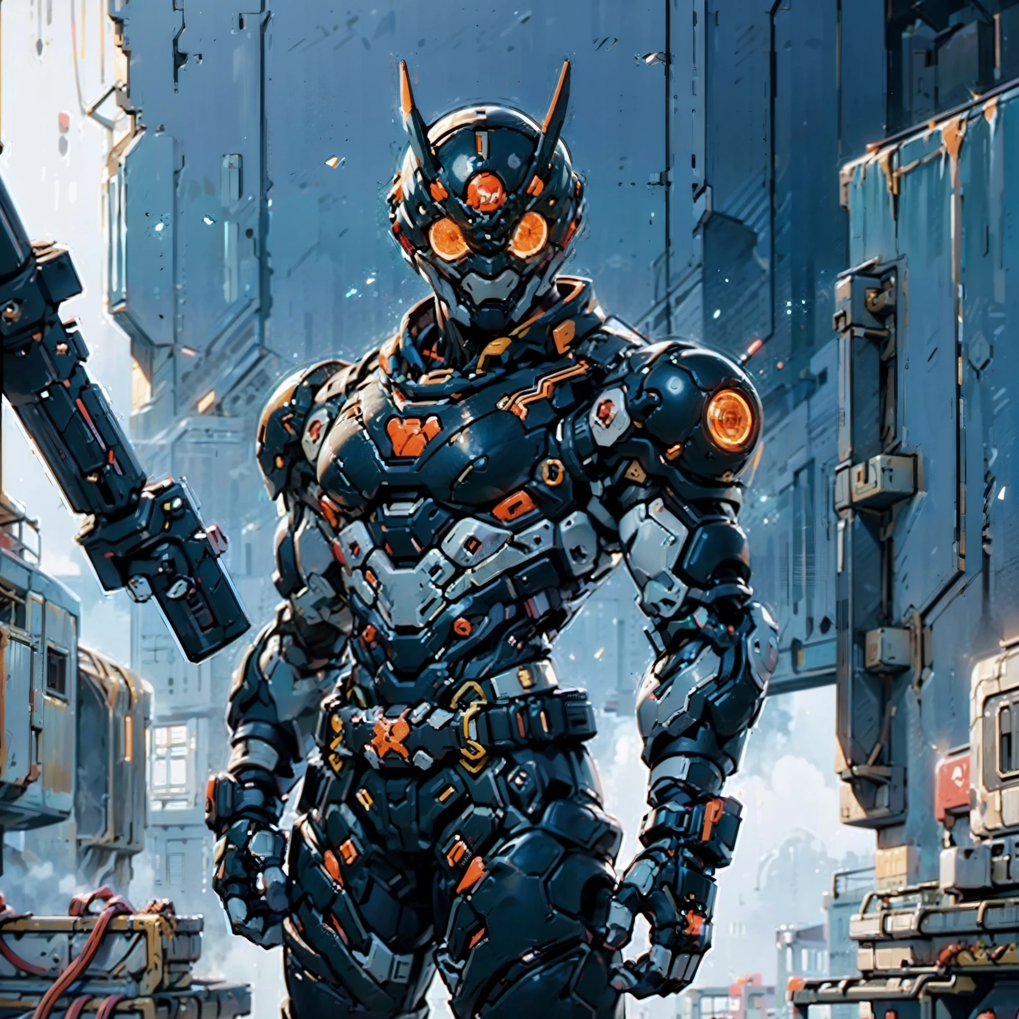 Um traje de batalha biotecnológico super de alta tecnologia, parado em um telhado, olhando para a cidade, Tokusatsu japonês e estilo cômico americano, textura biometálica do traje, elegante e brilhante, dinâmico, rápido, Luz natural, cinematic, alta qualidade, alta resolução, Alto detalhe, design sofisticado, Dramático, alta definição, ultra-detalhado, pintura ultrafina, extremamente delicado, criatividade, Luz natural, iluminação cinematográfica, melhor sombra, obra-prima-anatomia-perfeita