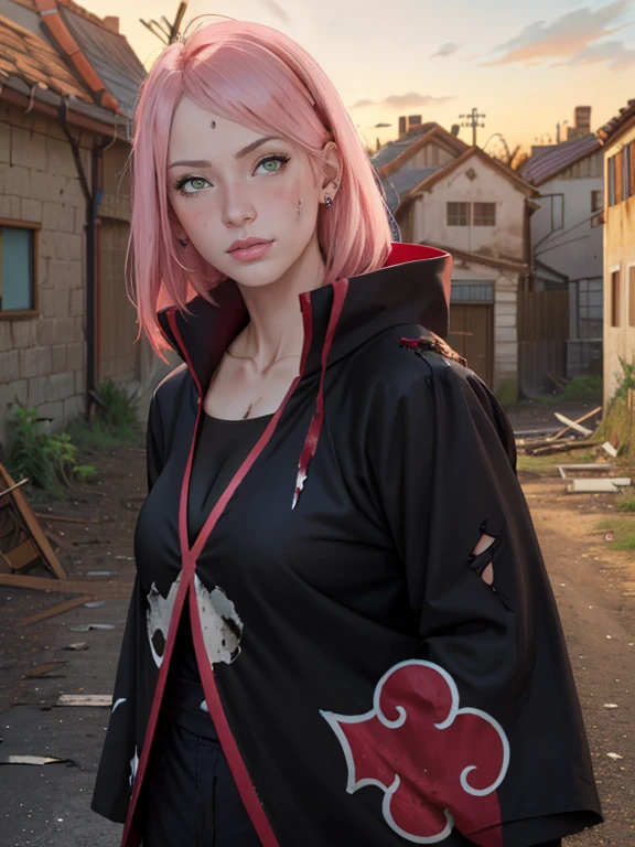 masterpiece, absurdres, sakura\(boruto\), 1girl, solo,mature female, perfect composition, detailed lips, big breast, cleavage, collarbone, beautiful face, body propotion, blush, (pink lips), long hair, green eyes, super realistic, detailed, photoshoot, absurdreest quality), (masterpiece),(ultra-detailed:1.2),(photorealistic:1.1),(highres), (injury:1.1),(blood:1.1), (akatsuki outfit, black cloak open, long sleeves, robe, black coat), (torn clothes:1.2), labret piercing, upper body closeup, (((in a ruined street, Destroyed village background))), realistic face and body