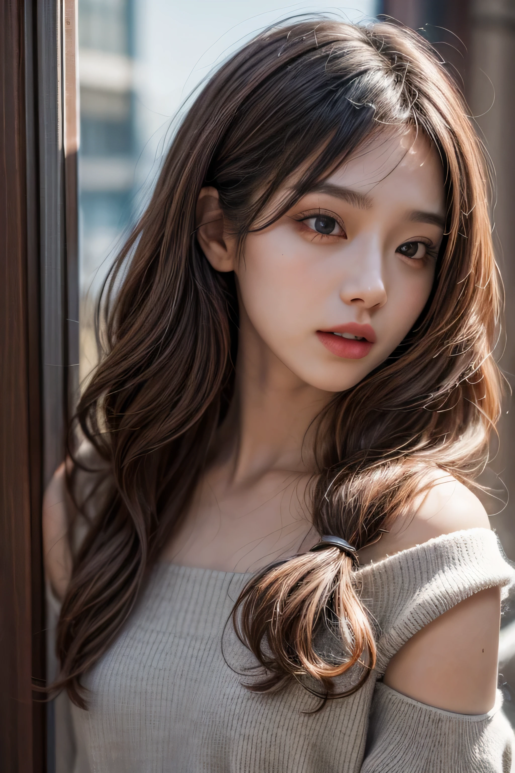 finely detail, hight resolution, in 8K、Brown hair,Photorealism, masutepiece, Wavy Hair, Open mouth, , Small bust, Highly detailed, off shoulders,1 girl