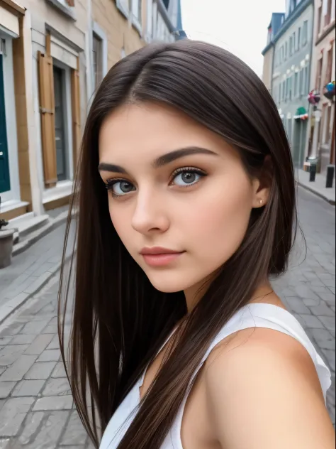Photo of a 20 year old brunette woman, that has a very natural face, thin lips, thin eyes, thin eyebrows, thin nose,full body, long eyelashes. She makes a cute selfie in quebec