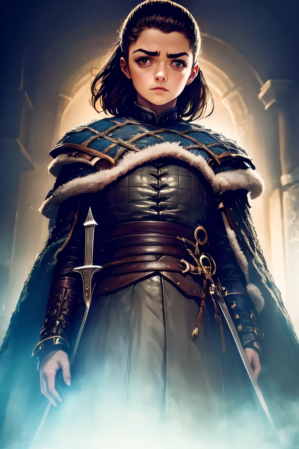 retrato de primer plano, Arte centrado, 1 chica, solo, ((solo)), (((solo un personaje))),  ((( en pose de combate dinámica)), (( sosteniendo una espada delgada))) , esgrima, cara detallada, Arya Stark en pose dinámica, pelo atado, Cara de Maisie Williams, La cara de Arya Stark., fantasía de arya stark, La ropa de Arya Stark., A Guerra dos Tronos,,  A Guerra dos Tronos, colores góticos, clima de tensión y terror, Ilustración de adobe, Tendencia en ArtStation, 8K, disco Rigido , parte maestra, hermoso arte, detalles intrincados.