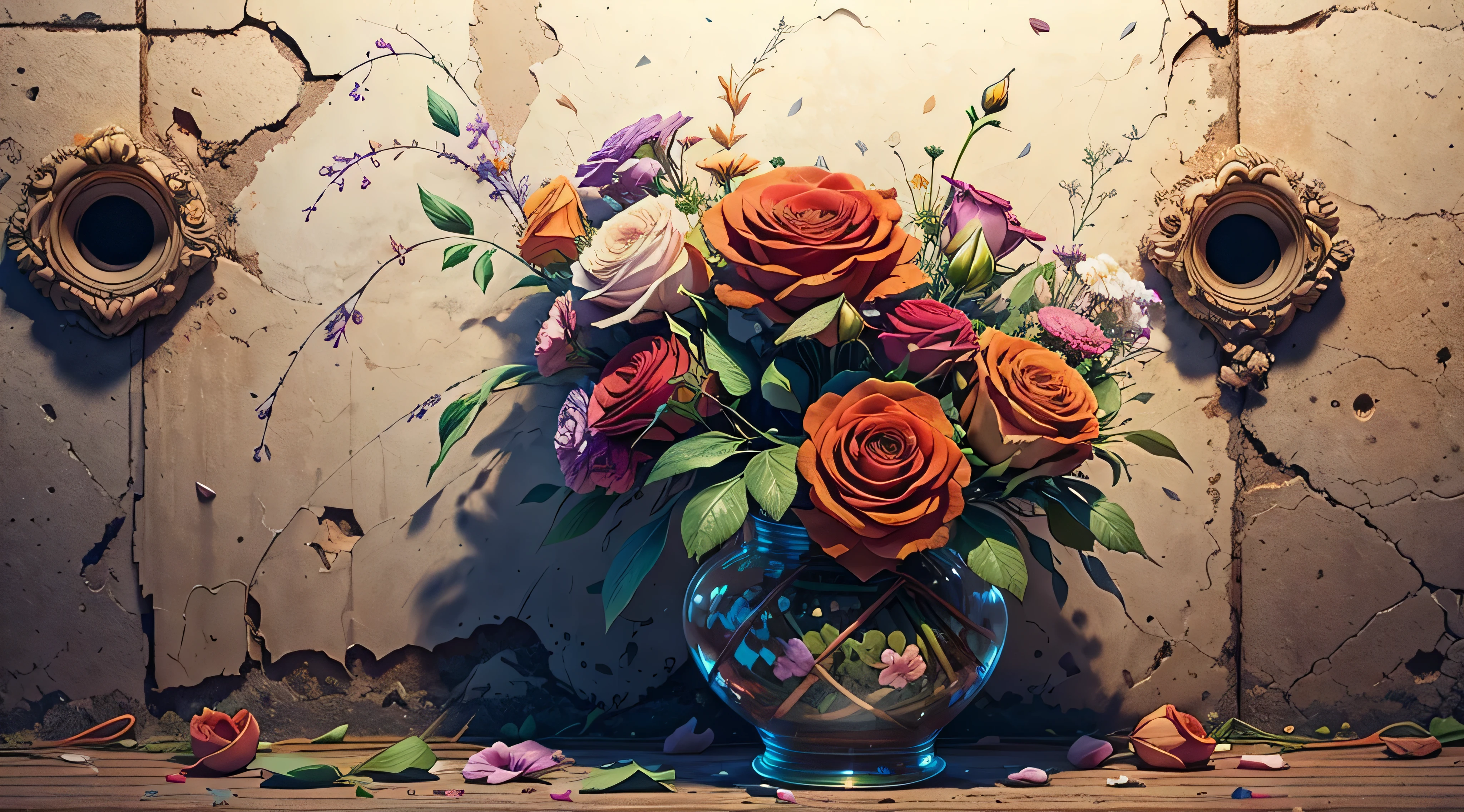a vase of flowers standing in front of a funky wall studion, graffiti in the back, realistic, (no one), best quality, high details, sharp focus