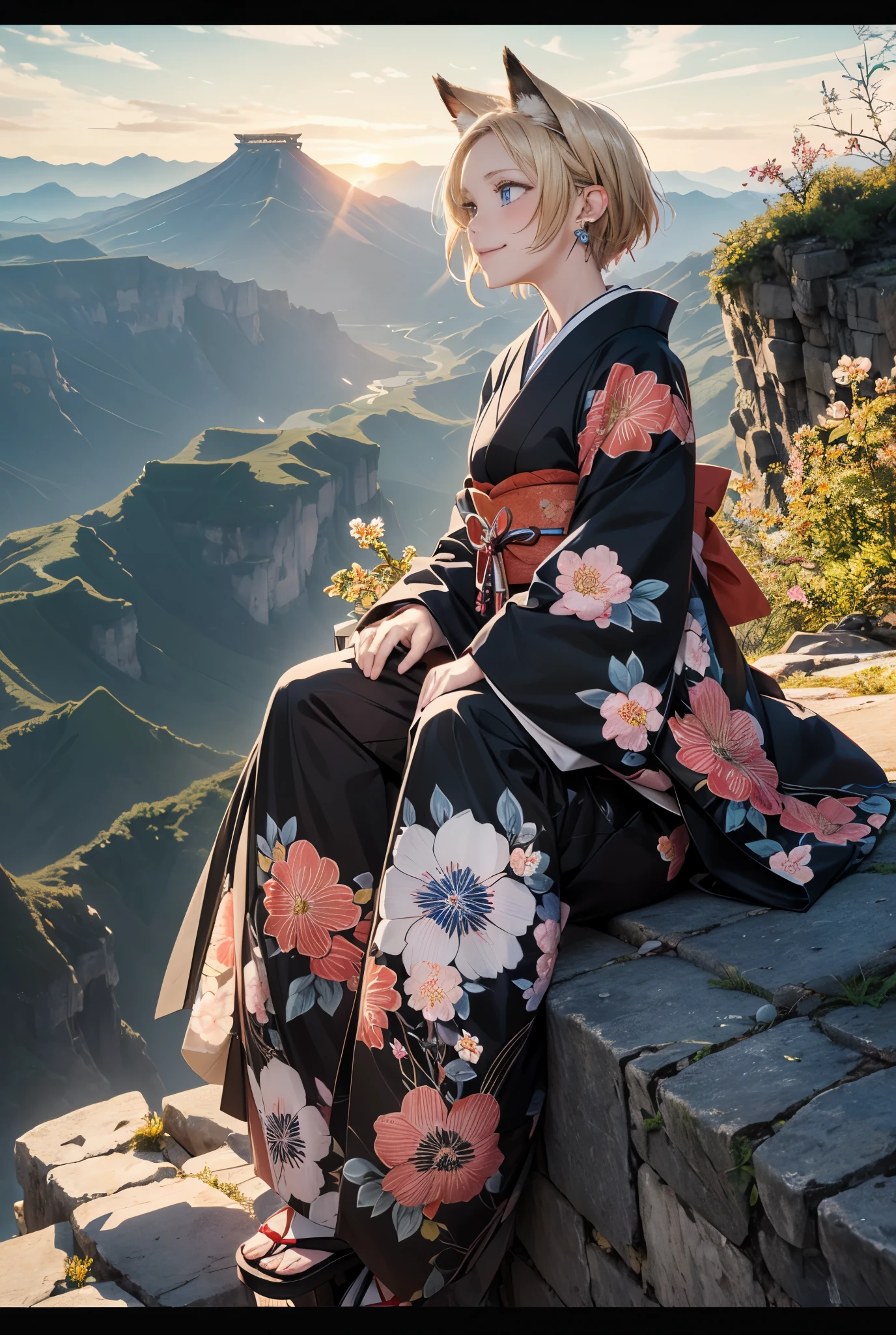 Melody Mark,of the highest quality, Best Masterpiece, ultra-detailliert, on a steep cliff,Stand on the edge,sit on the cliff,hanging legs,From  above,Floating hair,vast canyon,abyss,(1 fox girl),(look up sky:1.3),(A wistful smile: 1.3), red blush, (blonde short low tail: 1.4), Shiny hair,  (Deep Blue Eyes:1.4), Small earrings, Small necklace,(Jet black and floral patterned Japanese clothes:1.4),Sunset light,light reflections,云,Kemomimi