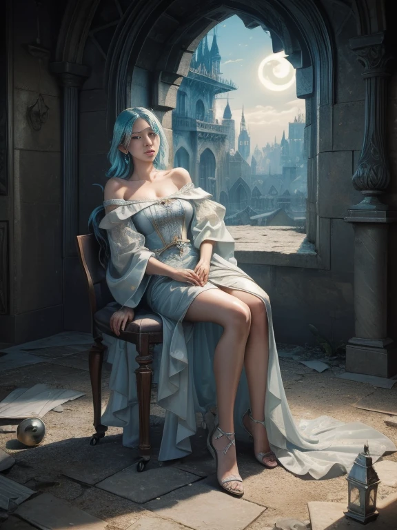 RAW, masterpiece, ultra thin photo, best quality, ultra high resolution, photorealistic, sunlight, (full body portrait:1.5), incredibly beautiful, dynamic poses, delicate face, vibrant eyes, (side view), she is using a long medieval dress, multicolored eyes, light blue hair, (beaufiful thigh:1.3), (off-the-shoulder cut top:1.3), medieval city background, highly detailed abandoned, detailed face, detailed and complex busy background, gorgeous, milky white,  Highly detailed skin, realistic skin details, visible pores, sharp focus, volumetric mist, moonlight night, 8k UHD, DSLR camera, high quality, film grain, fair skin, photorealism, lomography, expanding metropolis in medieval dystopia, view from below, translucent, (ahegao:1.5), (rolling eyes:1.5), fainting