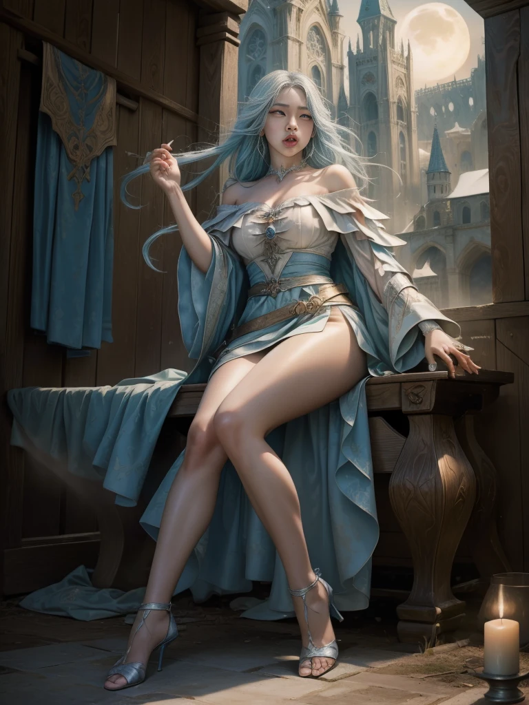 RAW, masterpiece, ultra thin photo, best quality, ultra high resolution, photorealistic, sunlight, (full body portrait:1.5), incredibly beautiful, dynamic poses, delicate face, vibrant eyes, (side view), she is using a long medieval dress, multicolored eyes, light blue hair, (beaufiful legs:1.3), (off-the-shoulder cut top:1.39, medieval city background, highly detailed abandoned, detailed face, detailed and complex busy background, gorgeous, milky white,  Highly detailed skin, realistic skin details, visible pores, sharp focus, volumetric mist, moonlight night, 8k UHD, DSLR camera, high quality, film grain, fair skin, photorealism, lomography, expanding metropolis in medieval dystopia, view from below, translucent, (ahegao:1.5), (rolling eyes:1.5), fainting