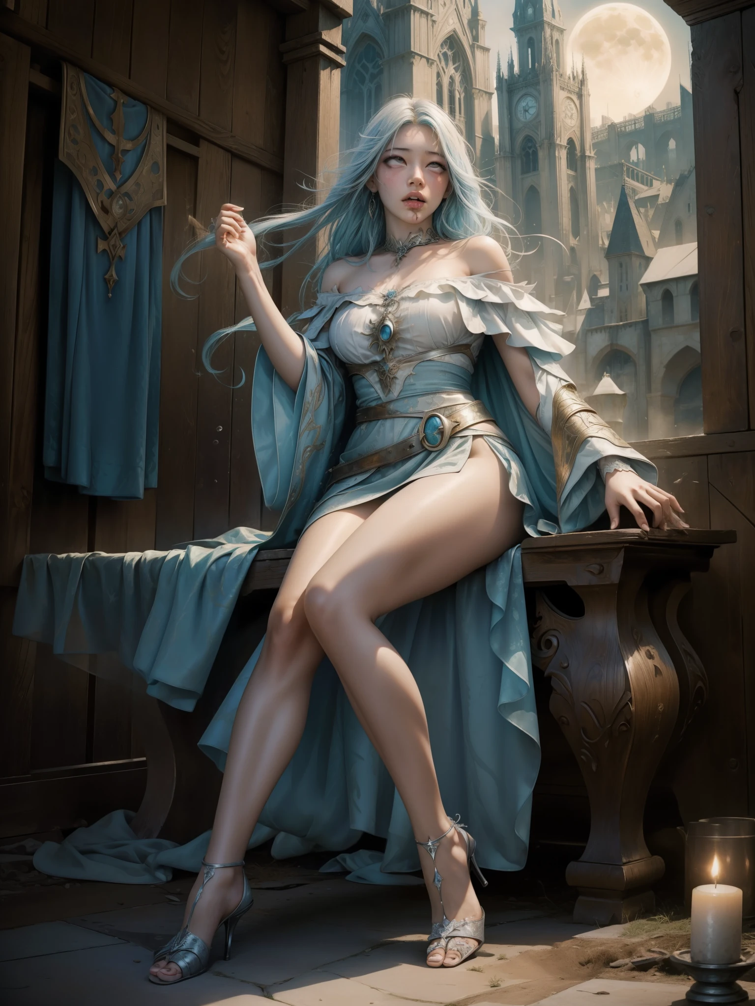 RAW, masterpiece, ultra thin photo, best quality, ultra high resolution, photorealistic, sunlight, (full body portrait:1.5), incredibly beautiful, dynamic poses, delicate face, vibrant eyes, (side view), she is using a long medieval dress, multicolored eyes, light blue hair, (beaufiful legs:1.3), (off-the-shoulder cut top:1.39, medieval city background, highly detailed abandoned, detailed face, detailed and complex busy background, gorgeous, milky white,  Highly detailed skin, realistic skin details, visible pores, sharp focus, volumetric mist, moonlight night, 8k UHD, DSLR camera, high quality, film grain, fair skin, photorealism, lomography, expanding metropolis in medieval dystopia, view from below, translucent, (ahegao:1.5), (rolling eyes:1.5), fainting