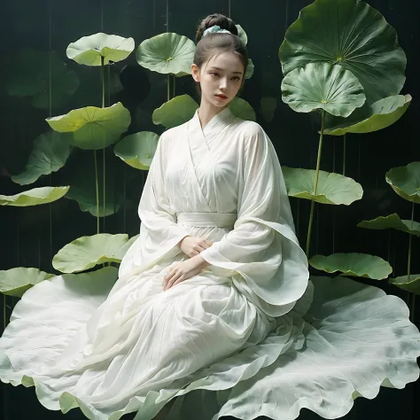 1 girl, solo, giant lotus leaf, black hair, dress, looking at the audience, white dress, hair bun, sitting, single hair bun, lea...