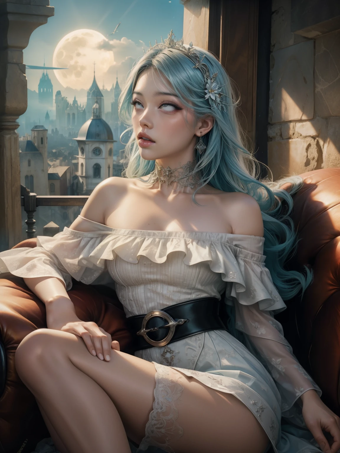 RAW, masterpiece, ultra thin photo, best quality, ultra high resolution, photorealistic, sunlight, (medium full shot:1.5), incredibly beautiful, dynamic poses, delicate face, vibrant eyes, (side view), she is using a long medieval dress, multicolored eyes, light blue hair, (beaufiful thigh:1.3), (off-the-shoulder cut top:1.3), medieval city background, highly detailed abandoned, detailed face, detailed and complex busy background, gorgeous, milky white,  Highly detailed skin, realistic skin details, visible pores, sharp focus, volumetric mist, moonlight night, 8k UHD, DSLR camera, high quality, film grain, fair skin, photorealism, lomography, expanding metropolis in medieval dystopia, view from below, translucent, (ahegao:1.5), (rolling eyes:1.5), fainting, (legs wide open:1.2)