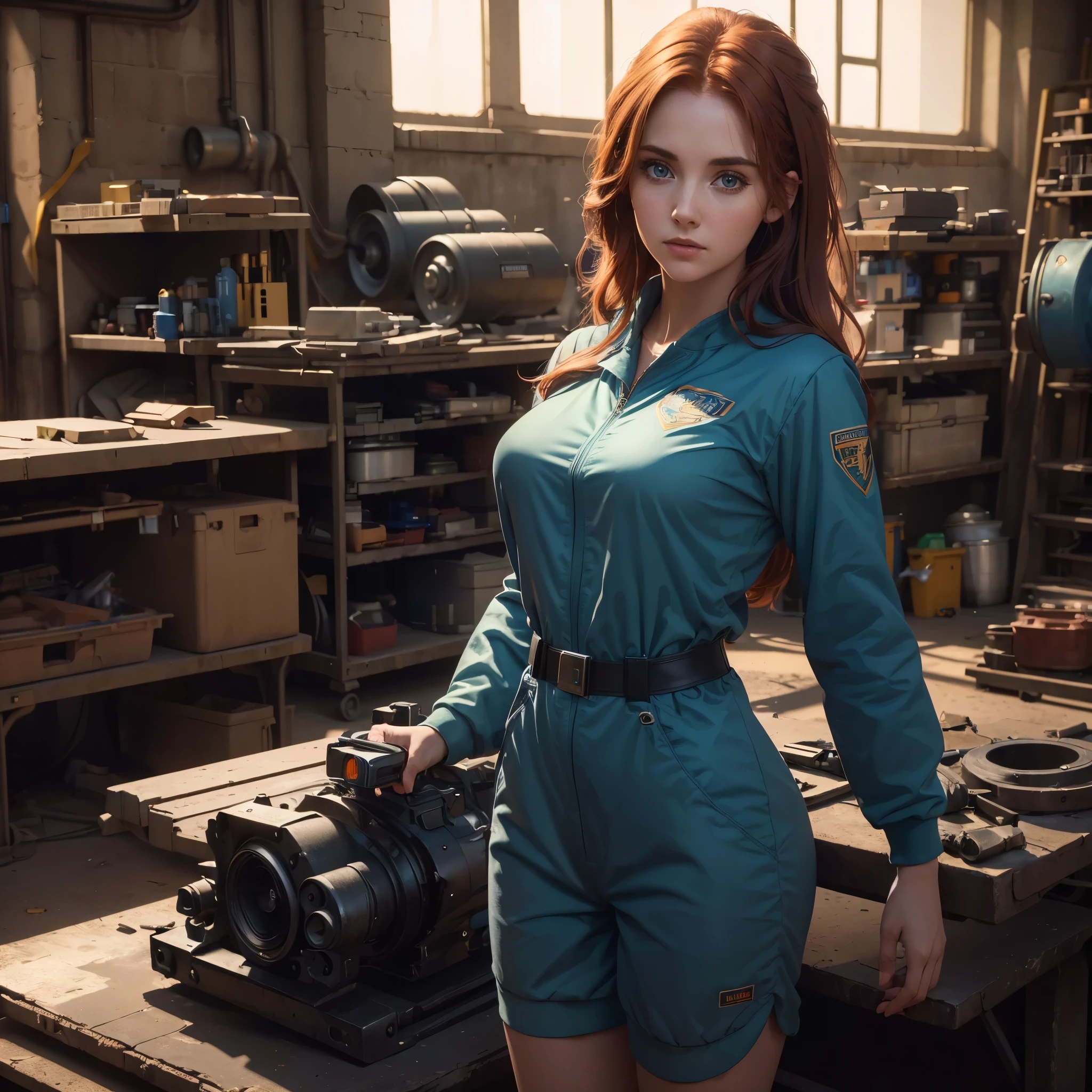 (best quality,4k,8k,highres,masterpiece:1.2),ultra-detailed, 1woman, Irish goddess Brigid as a college student, Auburn hair, wearing a mechanics jumpsuit, in an autoshop, garage, sks woman, HDR, 8k, absurdres, cinestill 800, sharp focus