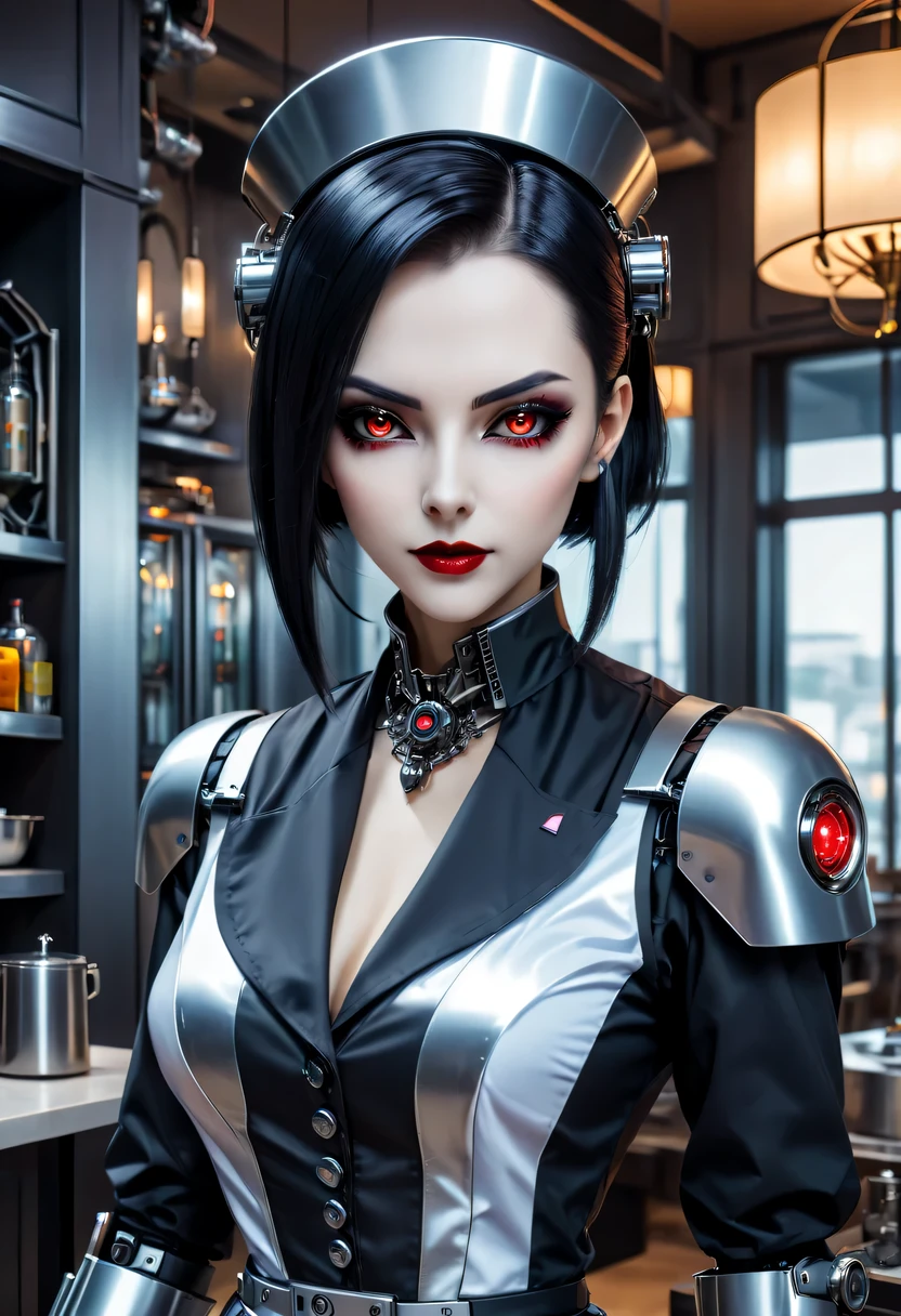 cybernetic female vampire,Female vampire robot butler, Metal mechanical surface，Mechanical joint，Female robot wearing housekeeper uniform,Female robot housekeeper is responsible for handling various household chores,futuristic home,Family luxury restaurant，cyber punk personage