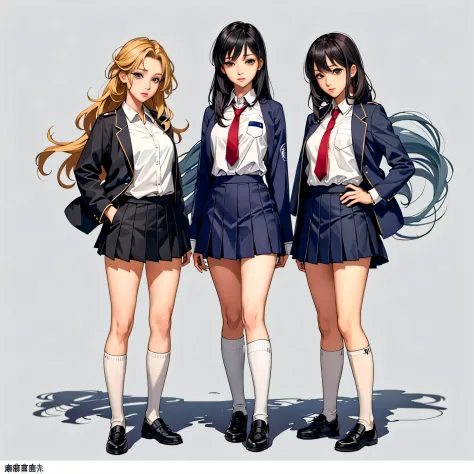 Three Schoolgirls、Anime girl in uniform standing next to another girl in skirt, Anime Girls, beautiful anime high school girl, H...