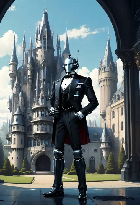 Robot butler in tuxedo,In the background is a huge high-tech mobile Gothic castle，a space station,Middle Century style building，...