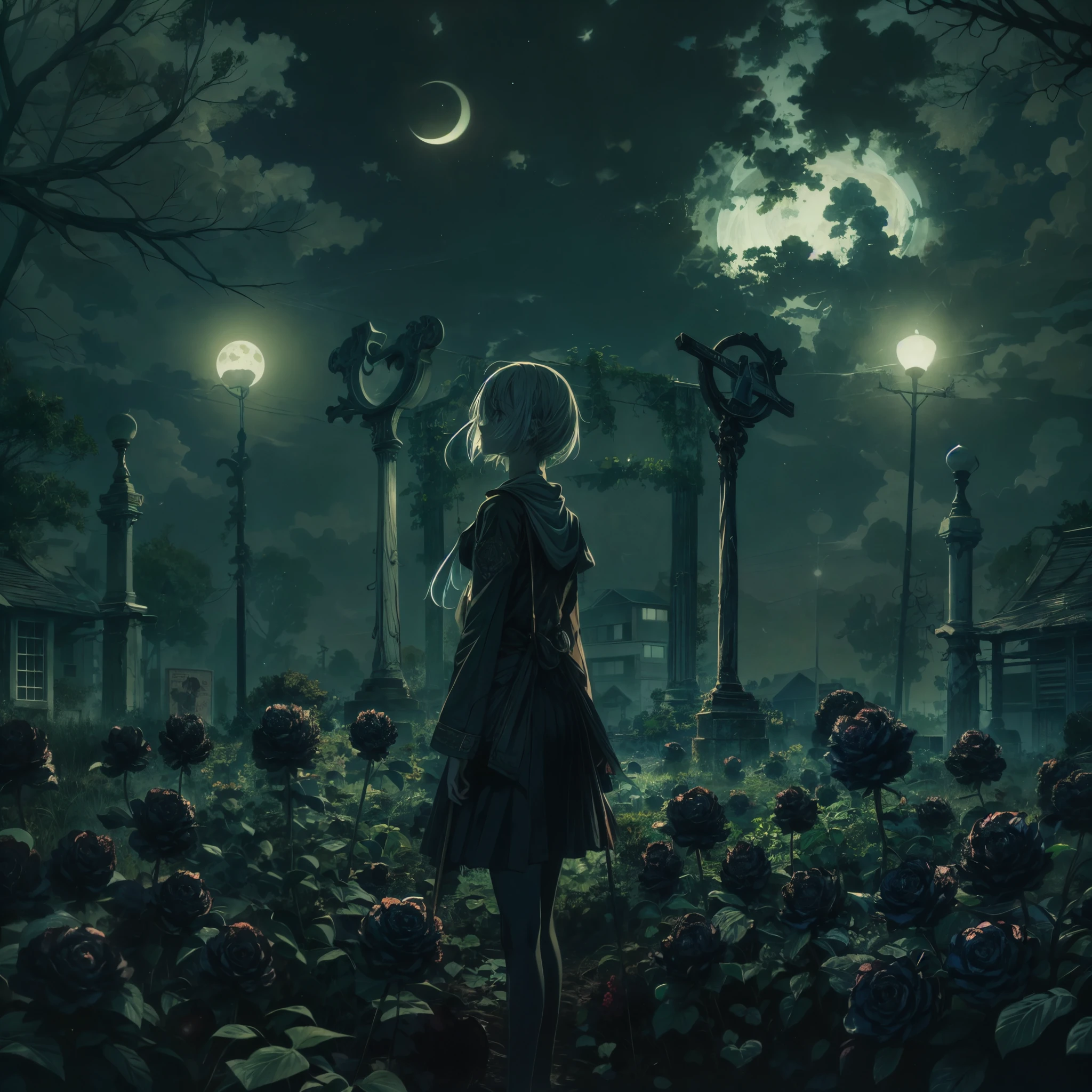 Erstellen Sie ein Bild im Stil von Kyle Thompson, mit einer Mädchenfigur im Anime-Stil. Sie steht in einem verlassenen Park voller schwarzer Rosen, symbolisiert den Tod. Die Szene wird vom Mondlicht beleuchtet, das dem Bild Tiefe verleiht. Verwenden Sie eine geringe Fokussierung, um das Mädchen und die unmittelbare Umgebung hervorzuheben, während der Hintergrund sanft verschwimmt. Im Vordergrund, den Schatten eines Kreuzes einschließen, Hinzufügen eines dramatischen und symbolischen Elements zur Szene. Der Kontrast zwischen der fotorealistischen Kulisse im Kyle-Thompson-Stil und dem Charakter im Anime-Stil dürfte auffällig sein, die Unterschiede in den künstlerischen Medien effektiv zu synthetisieren.