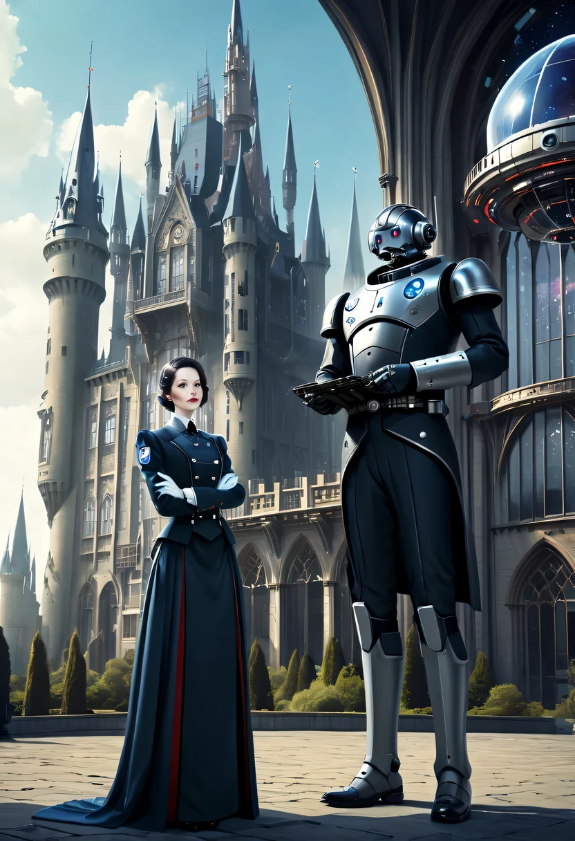 Roboter-Butler im Anzug,Im Hintergrund ist eine riesige High-Tech-mobile gotische Burg，Eine Raumstation,Gebäude im Stil der Mitte des Jahrhunderts，Tragen Sie eine Butler-Uniform,Elegantes Kleid
