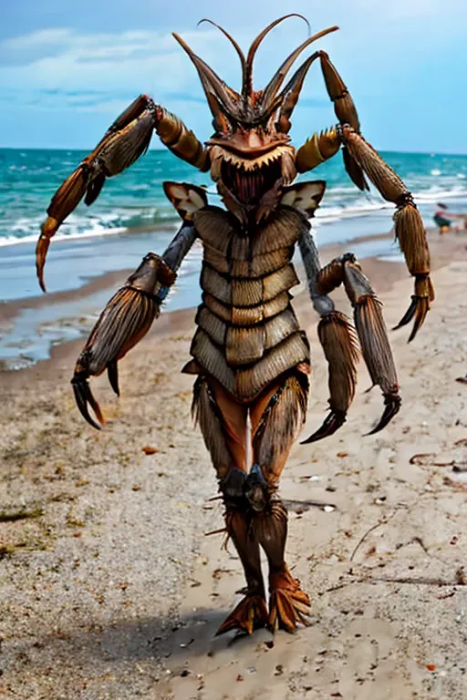 a creepy humanoid monster with many chitinous plates like a crab is dressed like a disney princess strolling along the beach
wai...