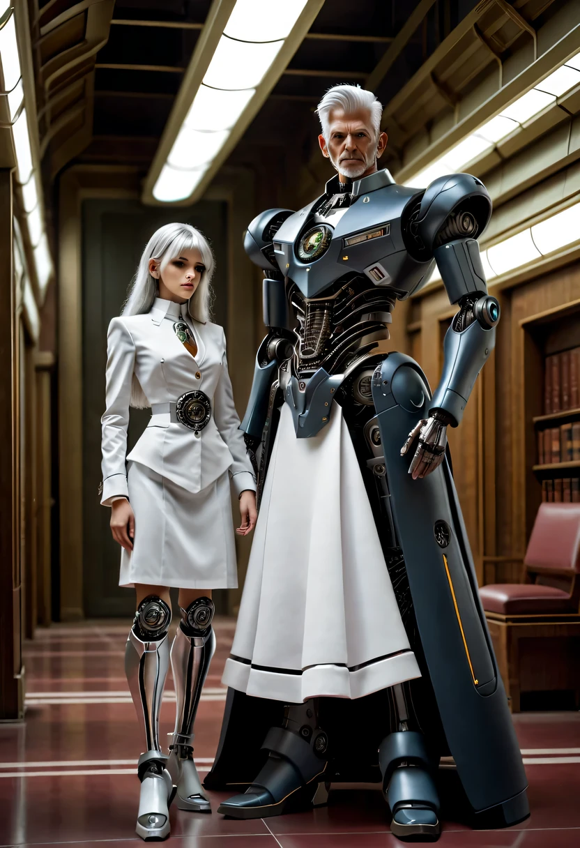 En los impresionantes pasillos de la ciencia ficción,Chica de pelo plateado con falda larga y mayordomo robot con uniforme de mayordomo.，Anatómicamente correcta，Piezas mecánicas detalladas.,en el estilo futurista,
