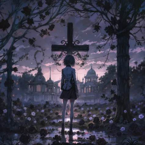 Create an image in the style of Kyle Thompson, featuring an anime-style girl character. She stands in an abandoned park filled w...